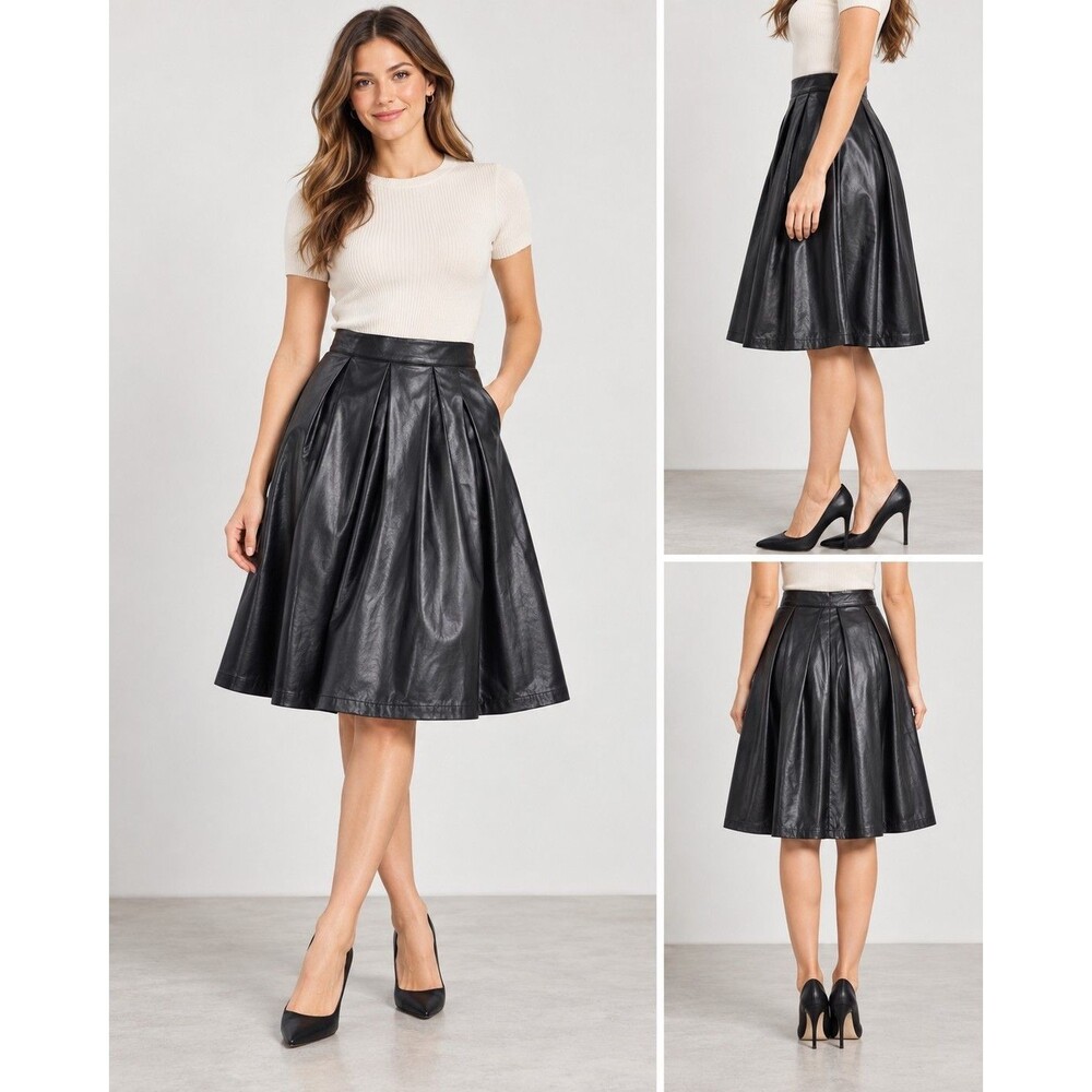 Who What Wear Black Faux Leather Pleated Midi Skirt Women's Size 6 A-Line Chic